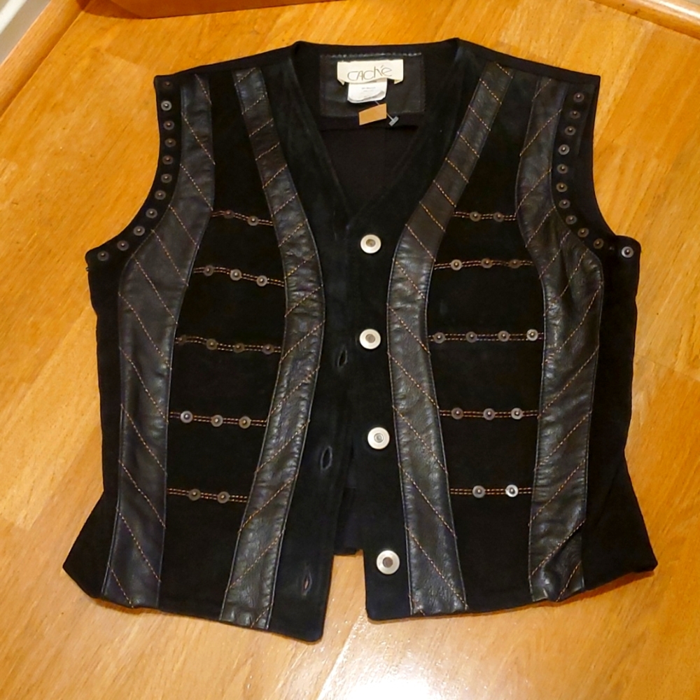 RARE FIND ALERT! Cache Vintage Leather, Suede, and Denim Vest w/ bronze rivets.☘